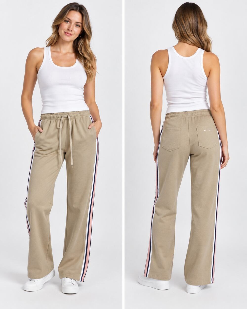 THE UPSIDE Womens Track Pants Side Stripe Jogger L US 10 Drawstring Retro Khaki
